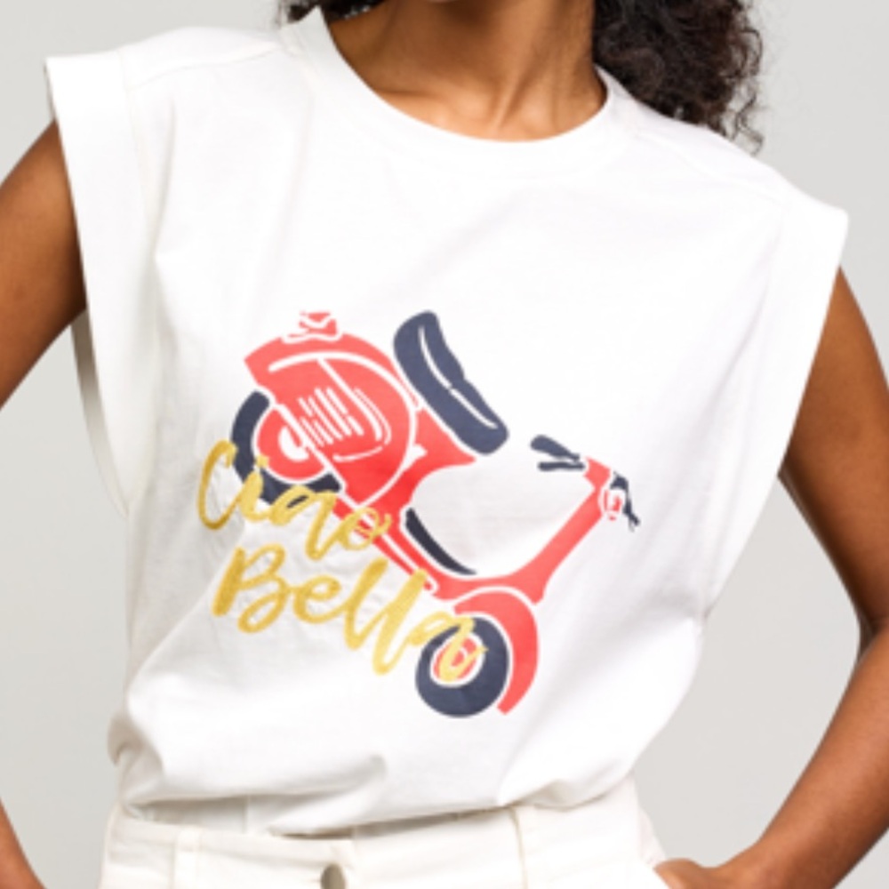 New with tags. Ciao Bella sleeveless top. Embroidered. Moped. Skies are Blue